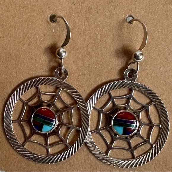 Native Artisan Sterling Silver Spider Web Earrings - Picture 3 of 10